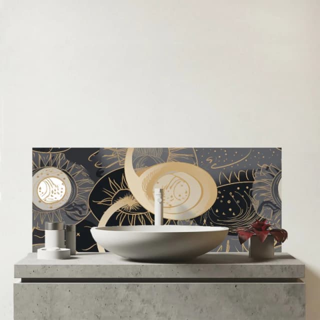 Warren Reed - Designer Abstract Silver Gold Sun & Moon Glass Bathroom Splashback in Grey Grey Unisex
