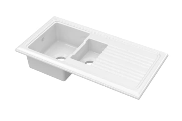 Balterley Fireclay Ceramic 1.5 Bowl Kitchen Sink Grooved Drainer No Waste White