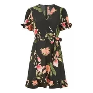 Mela London Black Floral Print Wrap Mini Dress - Black