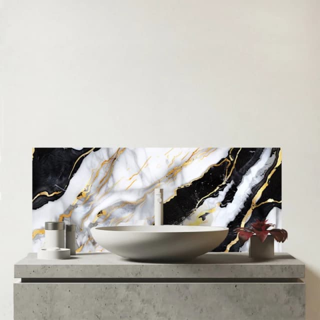 Warren Reed - Designer White & Gold Marble Effect Glass Bathroom Splashback in Blue Blue Unisex
