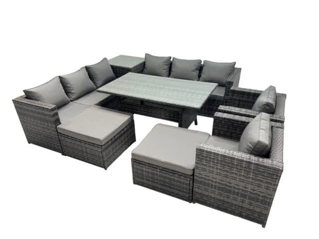 Fimous Garden Rattan Furniture Set 10 Seater with Side Table 2 Big Stools in Dark Grey Dark Grey Unisex