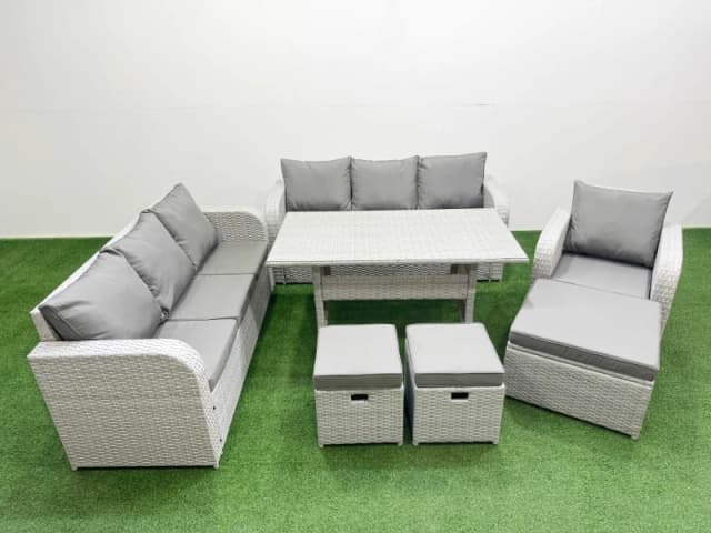 Fimous 10 Seater Poly Rattan Outdoor Garden Furniture Rectangular Dining Table Sofa Set Patio 3 Seater Sofa Reclining Chair 3 Seater Sofa 3 Stools Lig
