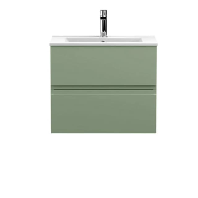 Nuie Hudson Reed Urban Wall Hung 2 Drawer Vanity Unit With Minimalist Ceramic Basin, Modern Bathroom Furniture In Satin Green, 600mm