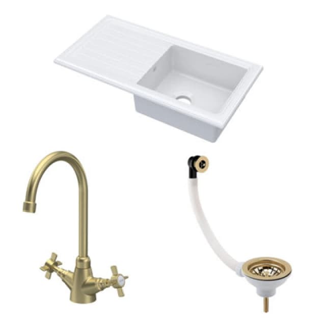 Balterley Fireclay 1 Bowl Sink Drainer Waste Tap 1010mm Brushed Brass Bronze
