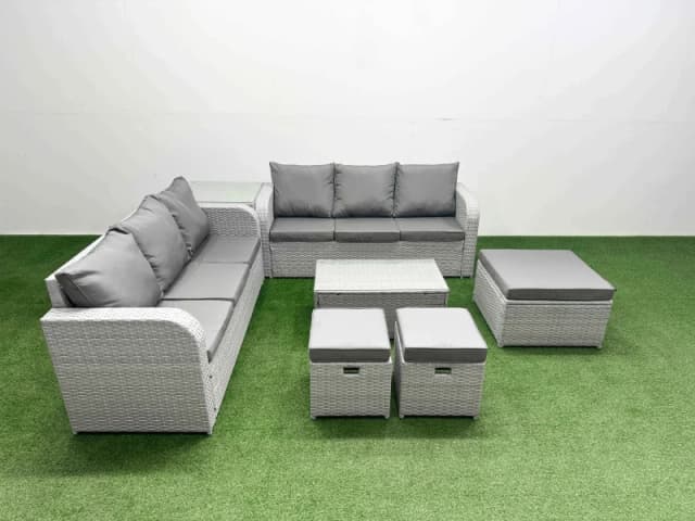 Fimous Outdoor Garden Furniture Sets 9 Seater Wicker Rattan Furniture Sofa Sets with Rectangular Coffee Table high Back Lounge Sofa 3 Stools Side Tabl