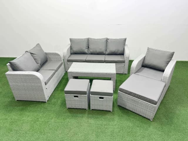 Fimous Patio PE Wicker 9 Seater Outdoor Rattan Furniture Sofa Sets with Oblong Coffee Table Reclining Chair Loveseat Sofa 3 Seater Sofa Stool Light Gr