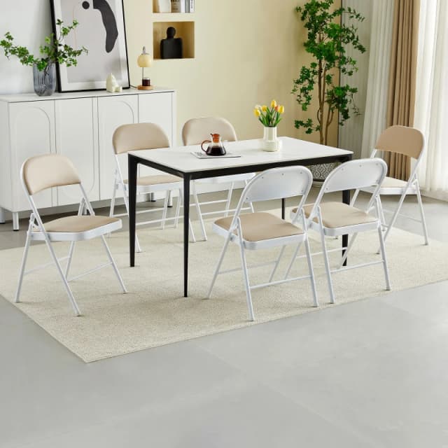 MCC Direct Set of 6 Folding Dining Chairs with Metal Frame and Padded Seats Beige