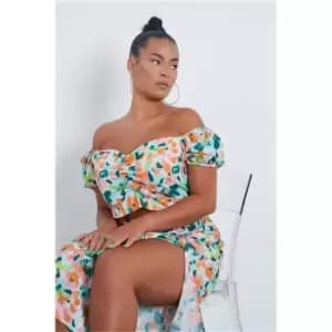 I Saw It First Orange Plus Size Floral Print Milk Maid Puff Sleeve Top - Orange