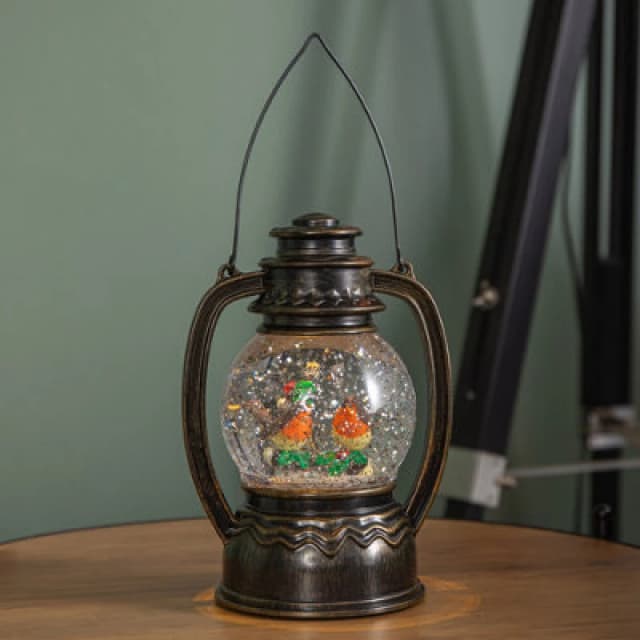 Samuel Alexander 31Cm Dual Powered Light Up Antique Lantern Christmas Water Spinner With Robin Scene