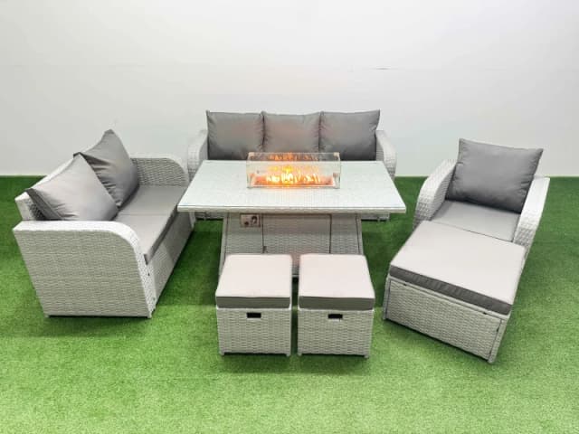 Fimous Patio PE Wicker 9 Seater Outdoor Rattan Furniture Sofa Sets with Firepit Dining Table Reclining Chair Loveseat Sofa 3 Seater Sofa Stool Light G