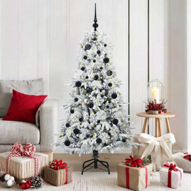 vidaXL Artificial Hinged Christmas Tree with Black Balls Snow Flocked Green 150cm PE and PVC, Green 3397472