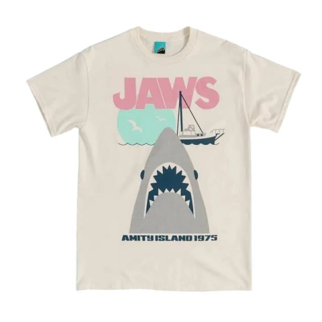 Jaws Mens Shark Cotton T-Shirt in Off-White Size: Small Off-White Male S