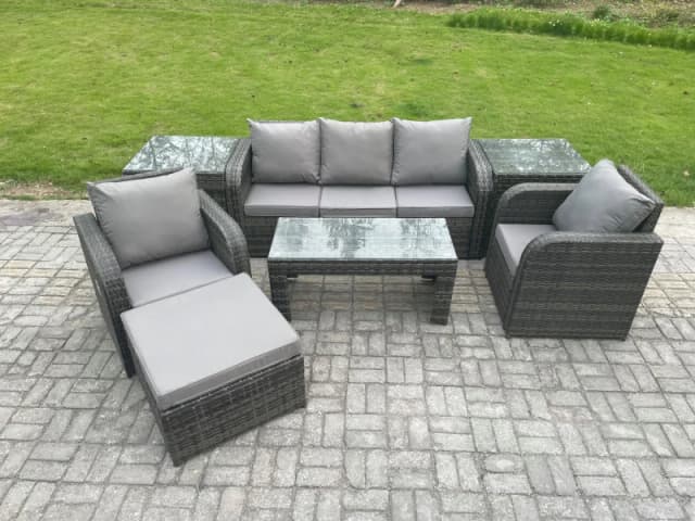 Fimous 6 Seater Rattan Garden Furniture Set with Rectangular Coffee Table 2 Side Tables Big Footstool Patio Outdoor Rattan Set Dark Grey