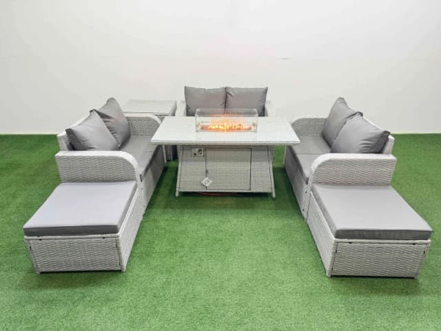 Fimous 8 Seater PE Wicker Rattan Furniture Sofa Sets with Firepit Dining Table 2 Seater Love Sofa 2 Big Footstool Side Table Light Grey Light Grey
