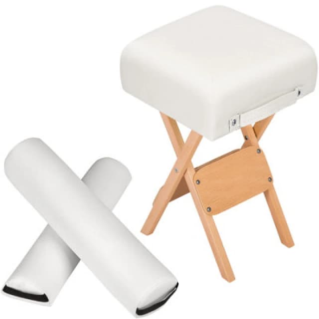 Tectake Stool & Bolster Cushion Set - Foldable, Padded, Wood And Faux Leather - White, 1