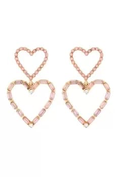 Rose Gold Pink Baguette Double Heart Drop Earrings