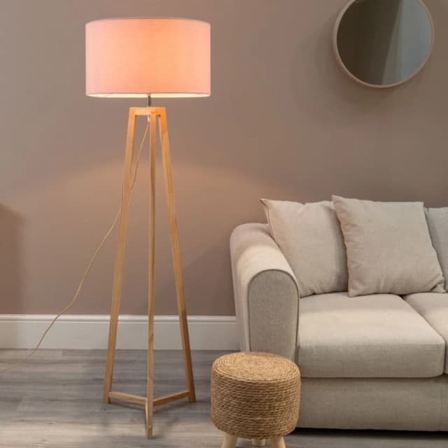 ValueLights Lottie Natural Wood Tripod Floor Lamp with Fabric Drum Shade Pink