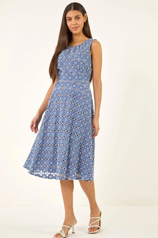 Roman Womens Embroidered Midi Dress in Mid Blue Size: 18 Mid Blue Female 18