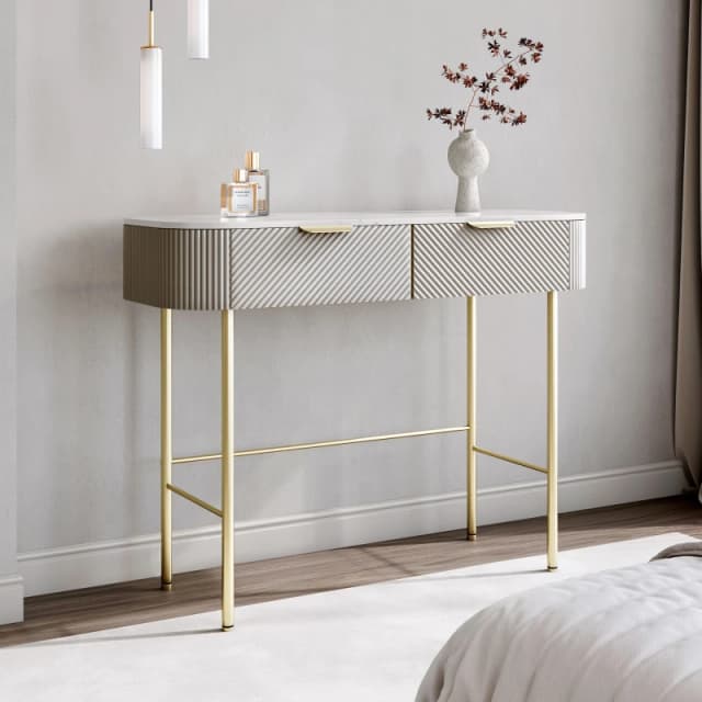 CARME HOME Imogen Mocha Dressing Table - Drawers with ribbed front finished - Marble-effect tabletop in Brown Brown Unisex