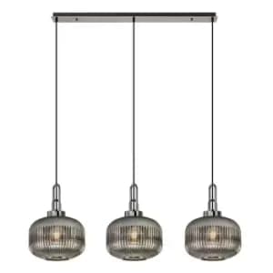 Luminosa Linear 3 Light Pendant E27, Black Chrome, Matt Black With 30cm Round Ribbed Smoked Glass