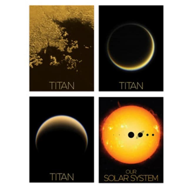Artery8 Wall Art Print Set Of 4 Nasa Our Solar System The Sun And Saturn's Moon Titan Images Ligeia Mare Lake Crescent Moon