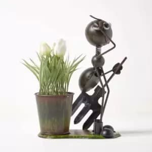 Metal Ant with Garden Fork and Flower Pot, 32cm Tall - Black and Green - Homescapes
