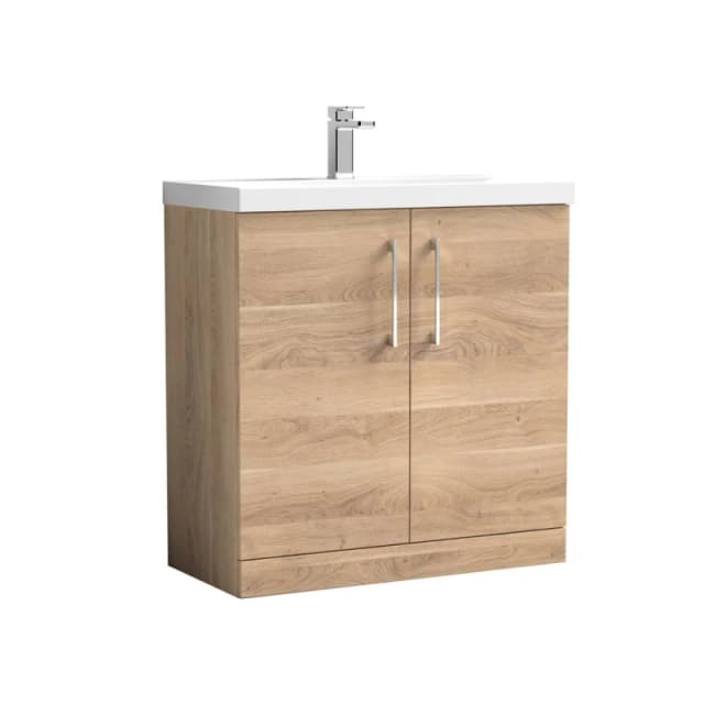 Balterley Contemporary Bathroom Floor Standing 2 Soft-Close Door Vanity Unit & Mid-Edge Ceramic Basin, Bleached Oak, 800 mm in Brown Brown Unisex