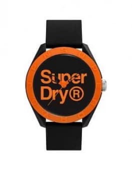Superdry Black with orange Printed Logo Dial With Black Silicone Strap, One Colour, Men