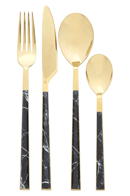 Premier Housewares Avie 16Pc Black Faux Marble Cutlery Set Gold