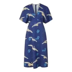 Yumi Navy Crane Print Kimono Midi Dress - Blue