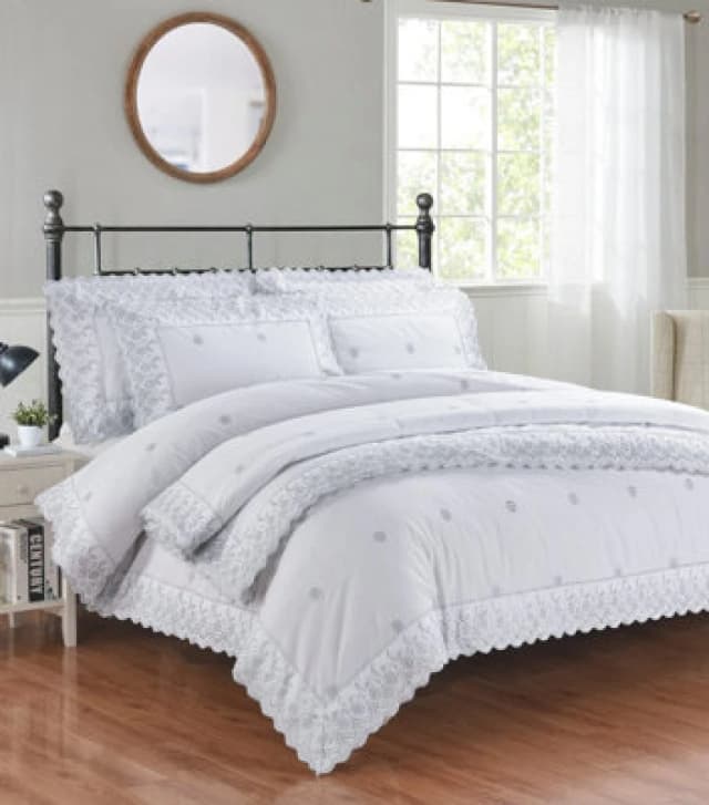 Rapport Home Gabrielle Embroidered Floral Duvet Cover Set With Pillowcases Included (White)