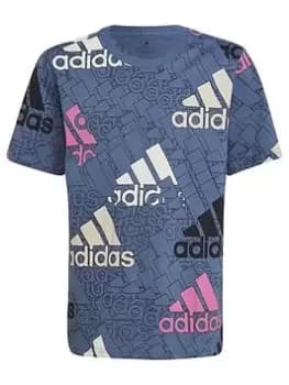 adidas Essentials Big Logo Junior Kids Brand Love T-Shirt - Dark Blue, Dark Blue, Size 11-12 Years, Women