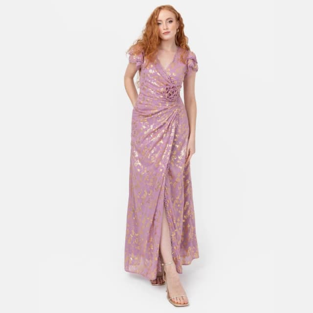 Maya Deluxe Maya Faux Wrap Maxi Dress with Gold Foil and Corsage Detail Orchid female 10 (S)