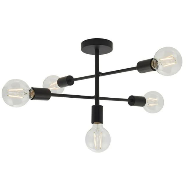 Loops Semi Flush Ceiling Lamp Matt Black 5x Multi Light Industrial Straight Pendant Black