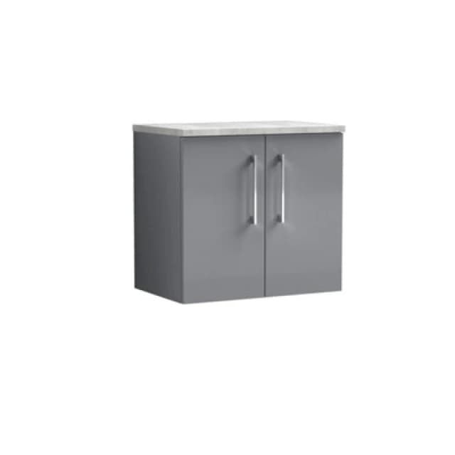 Nuie Arno Wall Hung 2-Door Vanity Unit & Laminate Worktop In Bellato Grey, Modern Counter Top Vanity Unit In Satin Grey