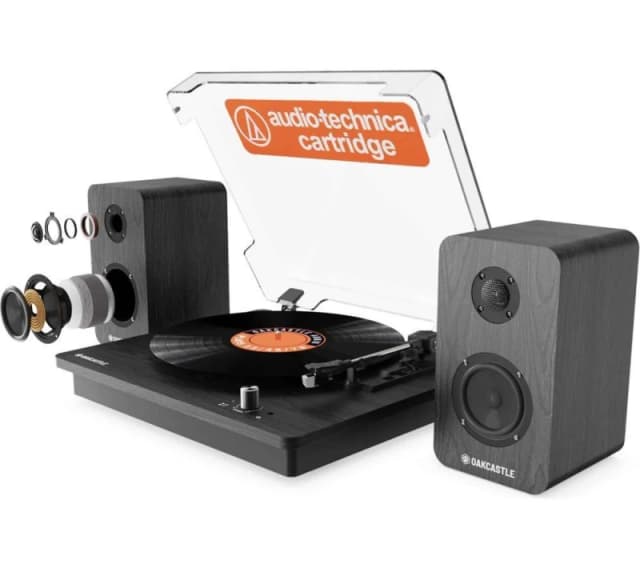 OAKCASTLE TT200 Belt Drive Bluetooth Turntable with Bookshelf Speakers - Black 5056444111555