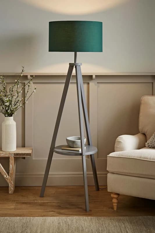ValueLights Morrigan Grey Wood Tripod Floor Lamp With Fabric Drum Lamp Shade Dark Green