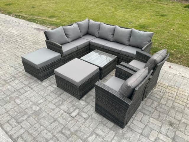 Fimous 10 Seater Outdoor Garden Furniture Set Wicker PE Rattan Corner Sofa Set with Square Coffee Table 2 Big Footstool in Dark Grey Dark Grey Unisex