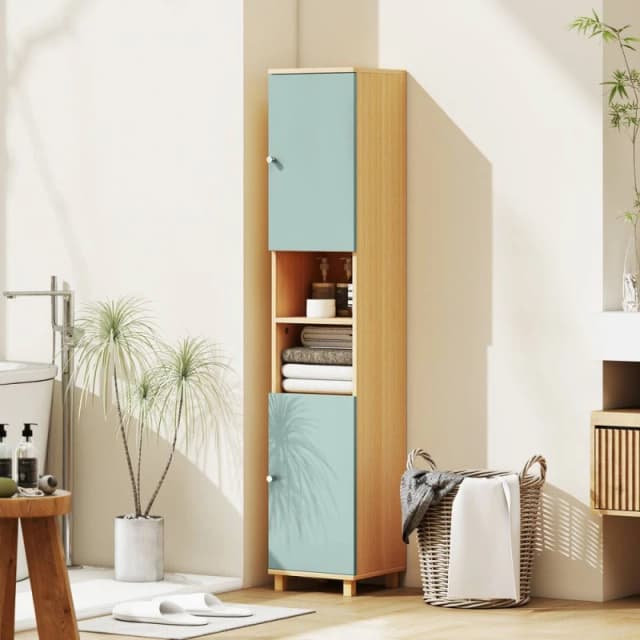HOMCOM Tall Bathroom Cabinet with Adjustable Shelves & Open Shelves, Green in Natural Natural Unisex