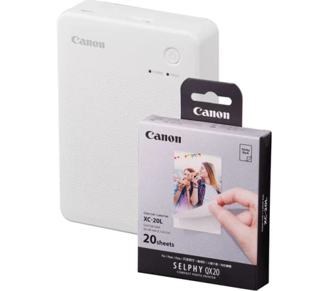 Canon SELPHY QX20 Portable Colour Photo Wireless Printer & XC-20L 54 x 85mm Photo Paper & Ink Set - Sand White, 20 Sheets, White 5055189045644