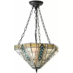 Tiffany Glass 3 Light Ceiling Pendant - Art Deco Design - Dark Bronze Finish