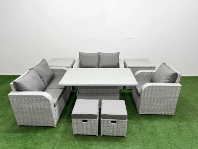 Fimous High Back Poly Rattan Garden Furniture Set with Adjustable Lifting Dining or Coffee Table Indoor Outdoor Patio Set 2 Stool 2 Side Table