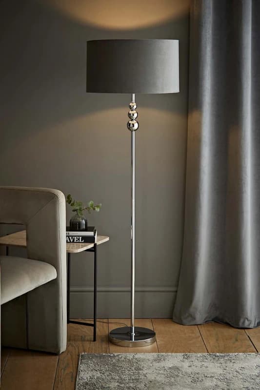 ValueLights Marissa Velvet Drum Shade with Chrome Stacked Ball Floor Lamp Grey