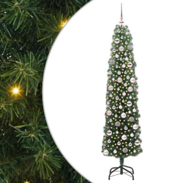 vidaXL Artificial Christmas Tree with 300 LEDs, Pink Balls with Stand Green 180 x 48 cm, Green 3394945