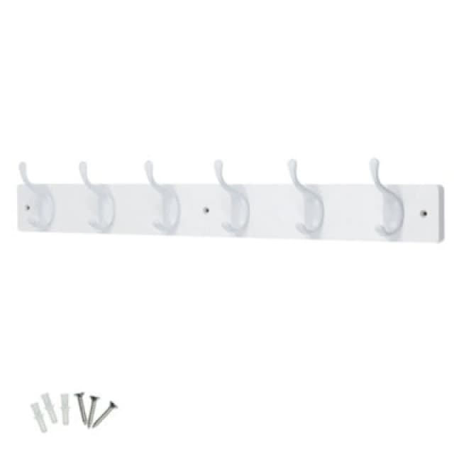 Keypak 6 White Coat Hooks On White Wooden Board - 68Cm Modern Wall Mounted Coat Rack Clothes Hanger