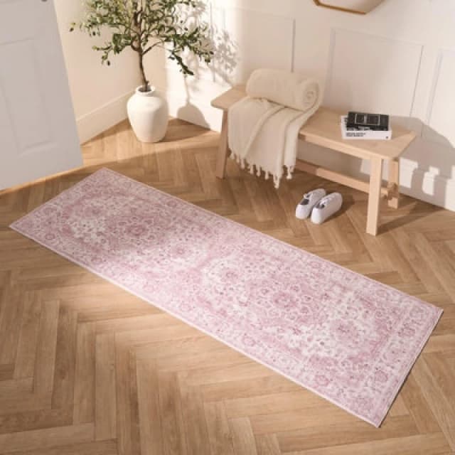 OHS OHS Washable Rug Vintage Living Room Bedroom Decor Non Slip Runners Soft Carpet Mat in Pink Size: 66cm x 200cm Pink 66cm x 200cm Unisex 50274342