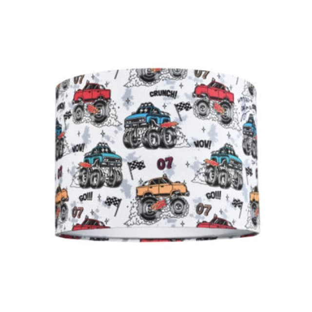 Happy Homewares Modern And Colourful Monster Trucks Kids Cotton Fabric Drum Lamp Shade - 25Cm