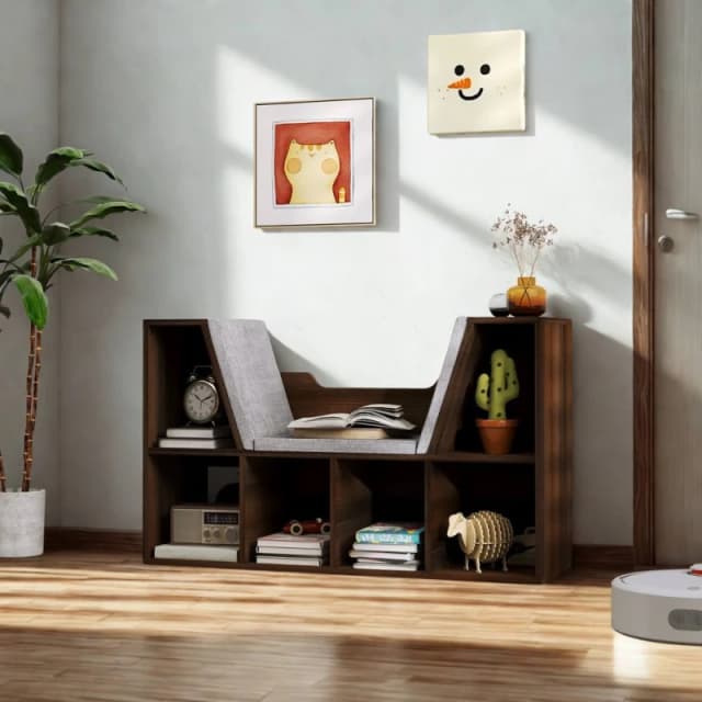 FURNOS Modern Bookcase Storage Cabinet With Reading Seat Chestnut in Brown Brown Unisex