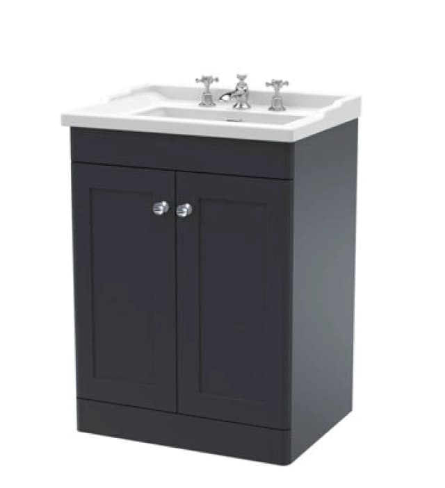 NUIE Classique Floor Standing 2-Door Vanity Unit with Traditional Basin 600mm Wide Satin Anthracite - 3 Tap Hole - Nuie CLC1425G