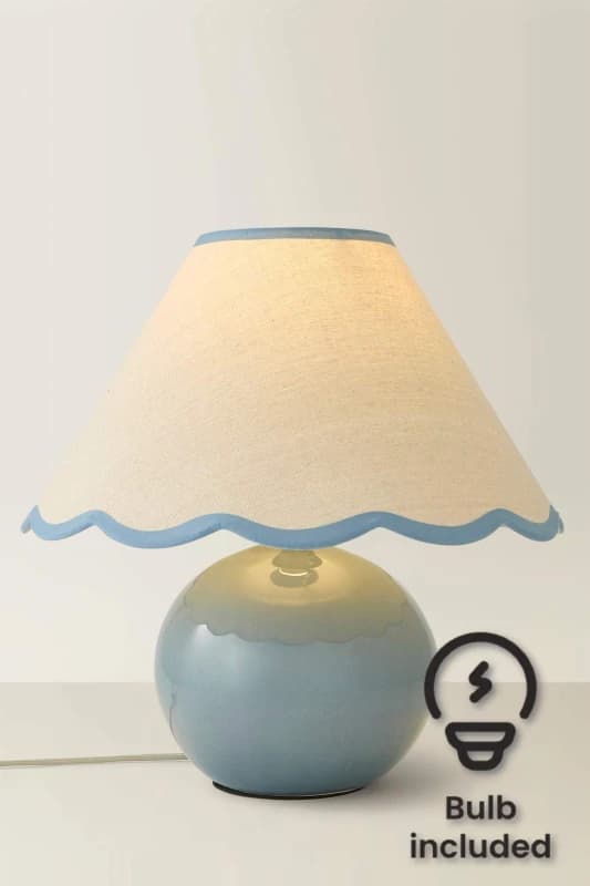 ValueLights Bosco Eucalyptus Teal Ceramic Table Lamp with Linen Scallop Shade and LED Bulb Blue
